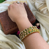 Thin Silk Thread Kundan Bangle-Green-Squares and Dots-G4949